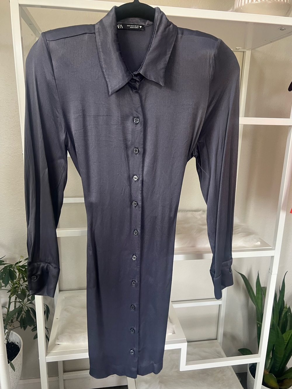 Zara Satin Button-Up Shirt Dress - Blue